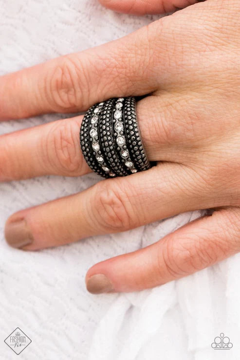 Girl Fight - Oversized White/Tin-Finished Duo Encrusted Antiqued Studded Ring R#6728