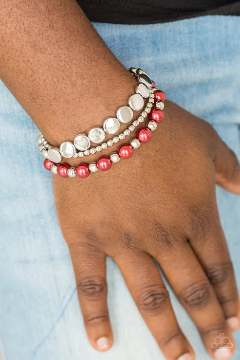 Girly Girl Glamour - Red/Silver Pearl Mismatched Bracelet Stack B#4068