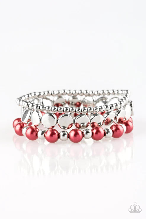 Girly Girl Glamour - Red/Silver Pearl Mismatched Bracelet Stack B#4068