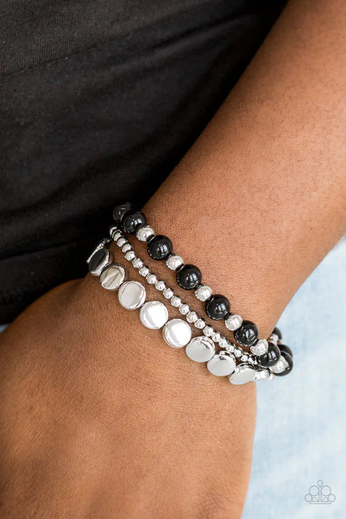 Girly Girl Glamour - Black/Silver Pearl Mismatched Bracelet Stack B#6789