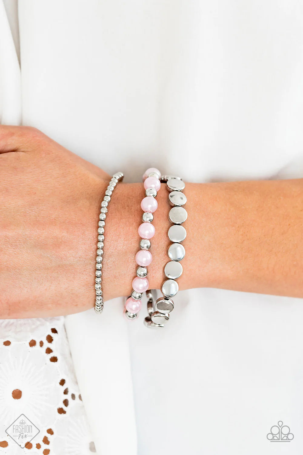 Girly Girl Glamour - Pink/Silver Pearl Mismatched Bracelet Stack B#6093