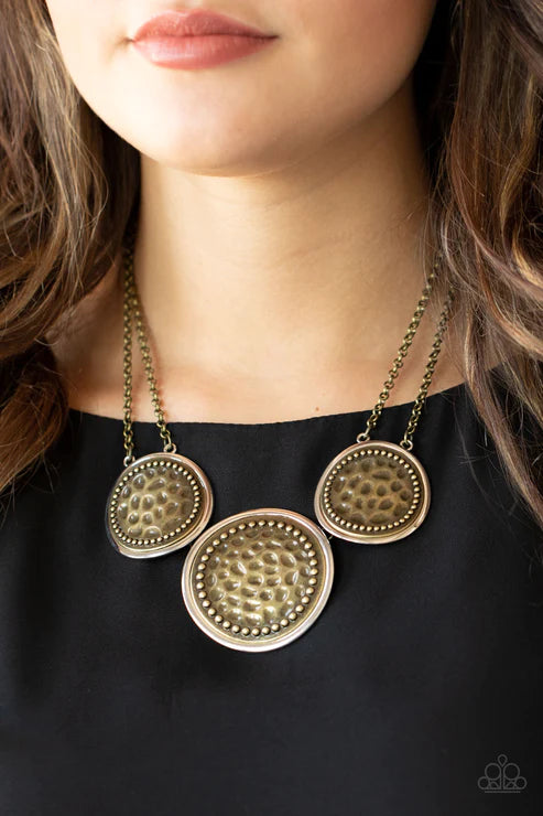 Gladiator Glam - Oversized Brass Trio Warped Hammered Gladiator Industrial Necklace N#4380
