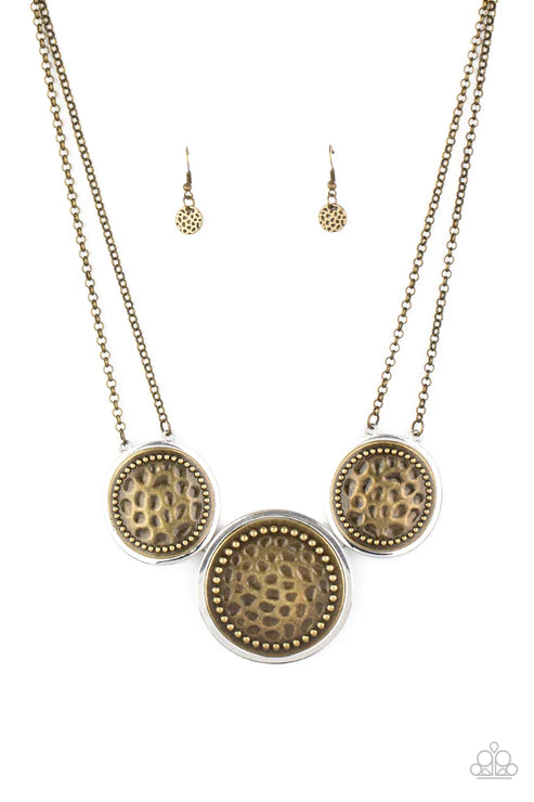 Gladiator Glam - Oversized Brass Trio Warped Hammered Gladiator Industrial Necklace N#4380
