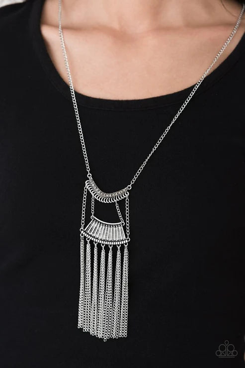 Glam Goddess - Silver Hematite Encrusted Tassel Tribal Fringe Necklace N#6282