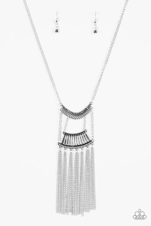 Glam Goddess - Silver Hematite Encrusted Tassel Tribal Fringe Necklace N#6282