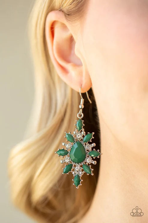 Glamorously Colorful - Green (Eden) Collection Round White Encrusted Marquise Eden Beads Flare Out Faceted Teardrop Coalescing Earrings E#6374