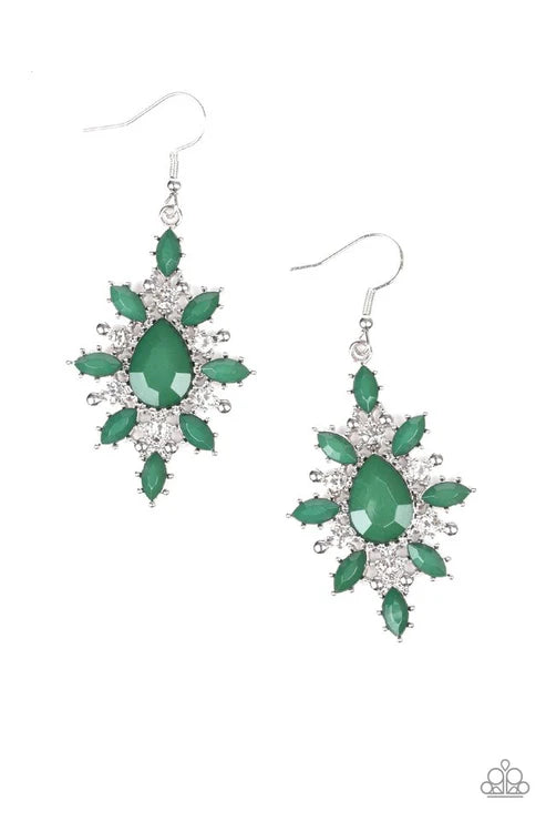 Glamorously Colorful - Green (Eden) Collection Round White Encrusted Marquise Eden Beads Flare Out Faceted Teardrop Coalescing Earrings E#6374