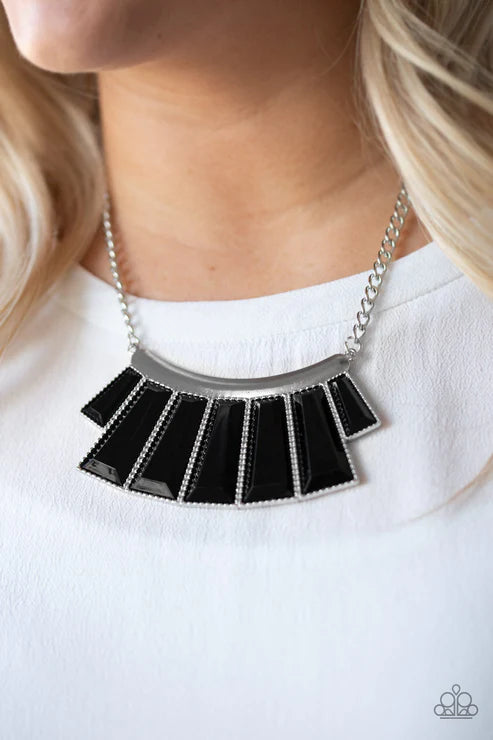 Glamour Goddess - Black Faceted Emerald Hammered Flared Plate Necklace N#4496