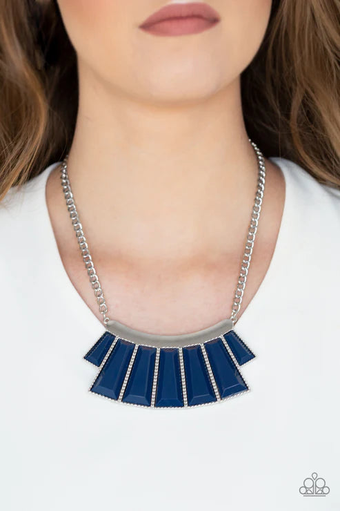 Glamour Goddess - Evening Blue Faceted Emerald Hammered Flared Plate Necklace N#3597