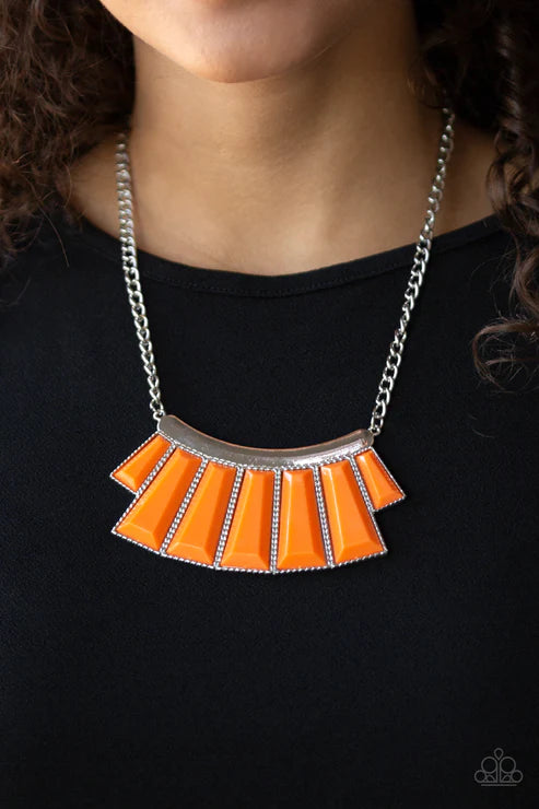 Glamour Goddess - Tiger Orange Faceted Emerald Hammered Flared Plate Necklace N#4487