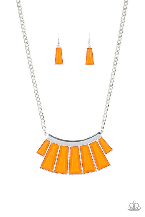 Glamour Goddess - Tiger Orange Faceted Emerald Hammered Flared Plate Necklace N#4487