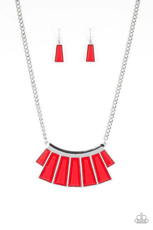 Glamour Goddess - Chili Pepper Red Faceted Emerald Hammered Flared Plate Necklace N#2752