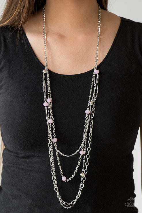Glamour Grotto - Oversized Pink Opaque Crystal Mismatched Trickle Chains Necklace N#6321