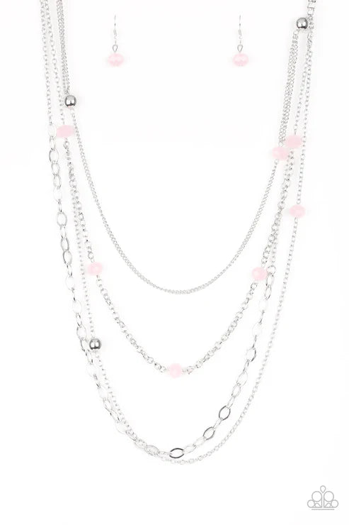 Glamour Grotto - Oversized Pink Opaque Crystal Mismatched Trickle Chains Necklace N#6321
