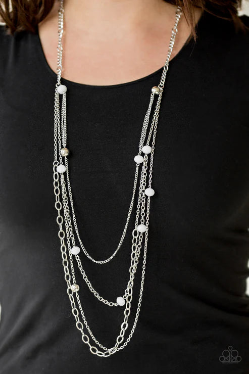 Glamour Grotto - Oversized White Opaque Crystal Mismatched Trickle Chains Necklace N#6338