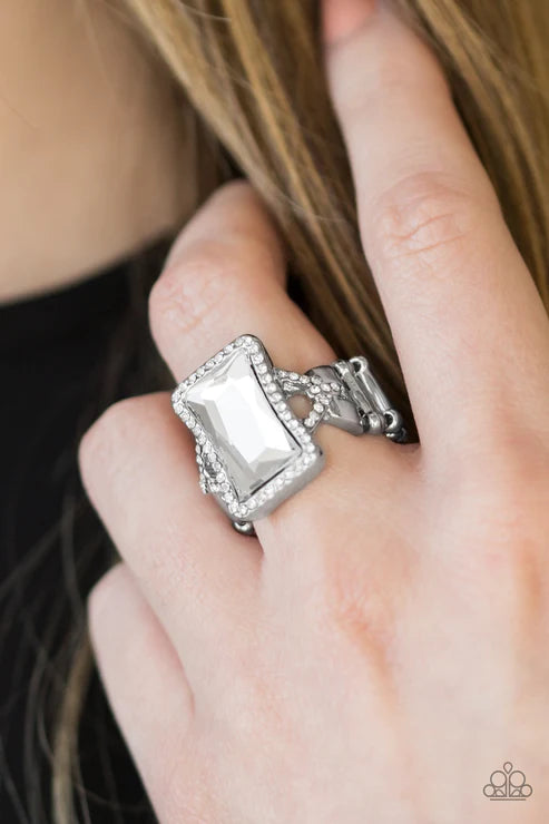 Glamour Icon - White Regal Emerald Cut Encrusted Ring R#5955