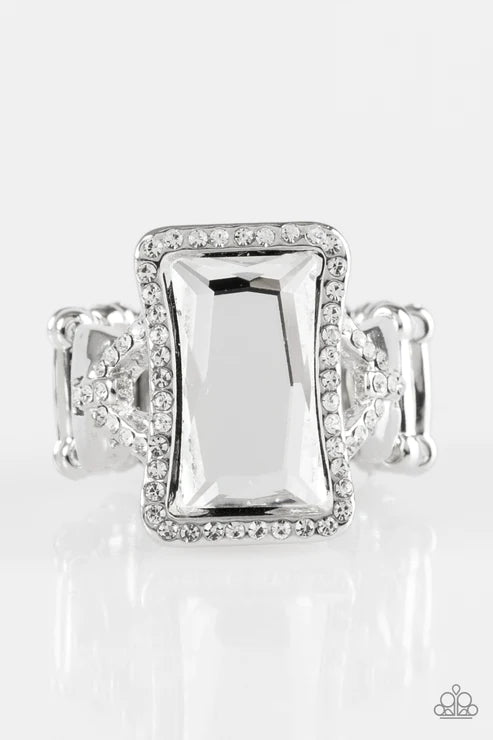 Glamour Icon - White Regal Emerald Cut Encrusted Ring R#5955
