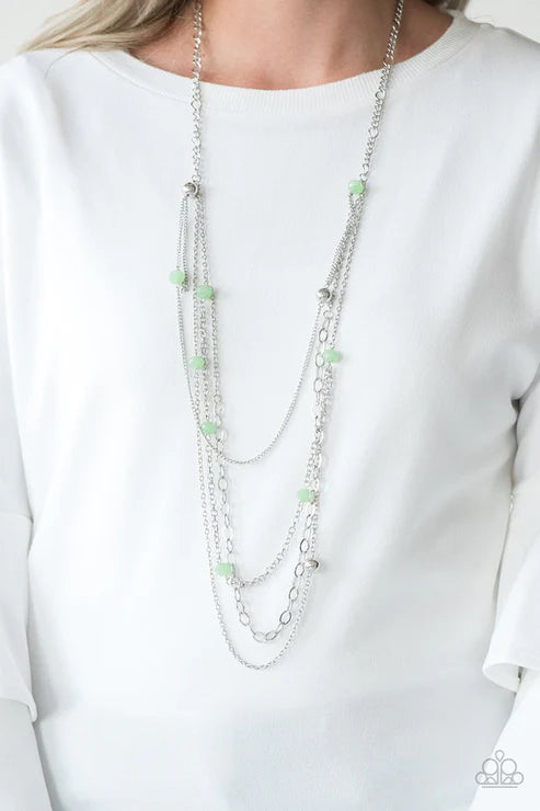 Glamour Grotto - Oversized Green Opaque Crystal Mismatched Trickle Chains Necklace N#7227