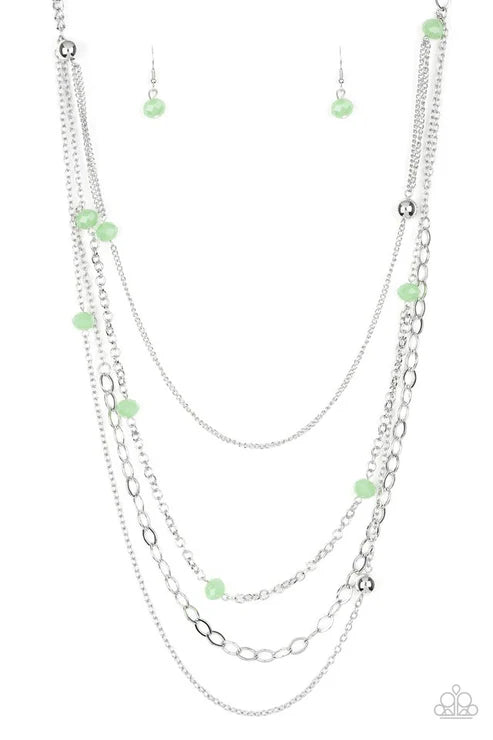 Glamour Grotto - Oversized Green Opaque Crystal Mismatched Trickle Chains Necklace N#7227