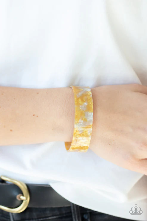 Glaze Daze - Yellow Speckled Glazed Iridescent Shimmer Waved Cuff Bracelet B#4185