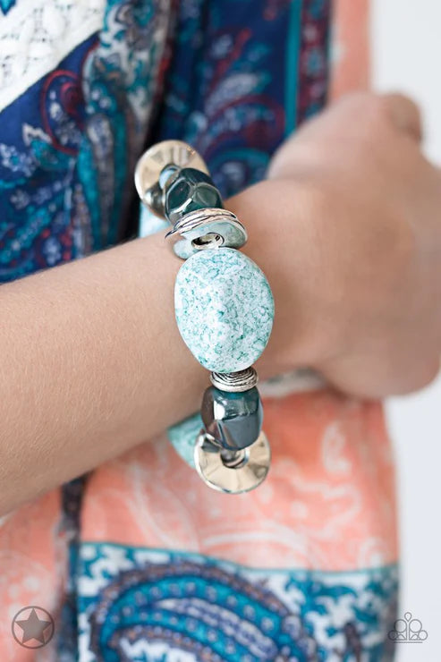 Glaze of Glory - Oversized Chunky Blue Glazed Finish Pearly Speckled Faux Rocks Bracelet B#5884
