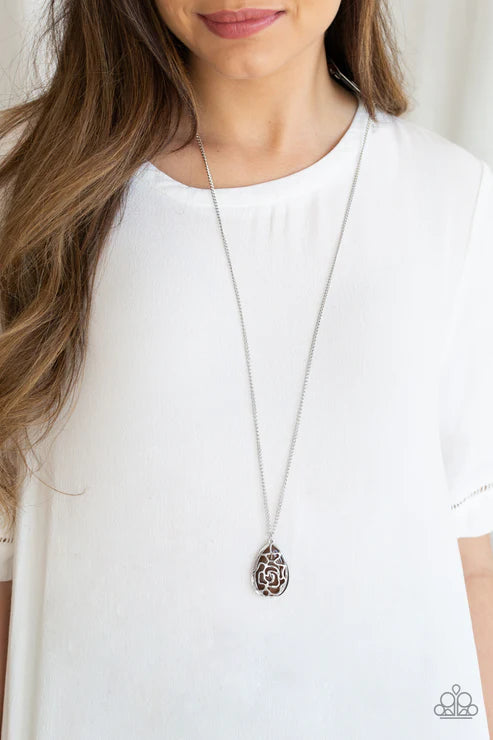 Gleaming Gardens - Brown Stenciled Floral Cat's Eye Moonstone Overlap Teardrop Necklace N#7030