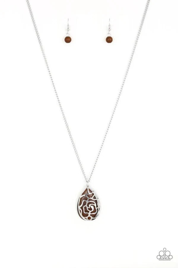 Gleaming Gardens - Brown Stenciled Floral Cat's Eye Moonstone Overlap Teardrop Necklace N#7030