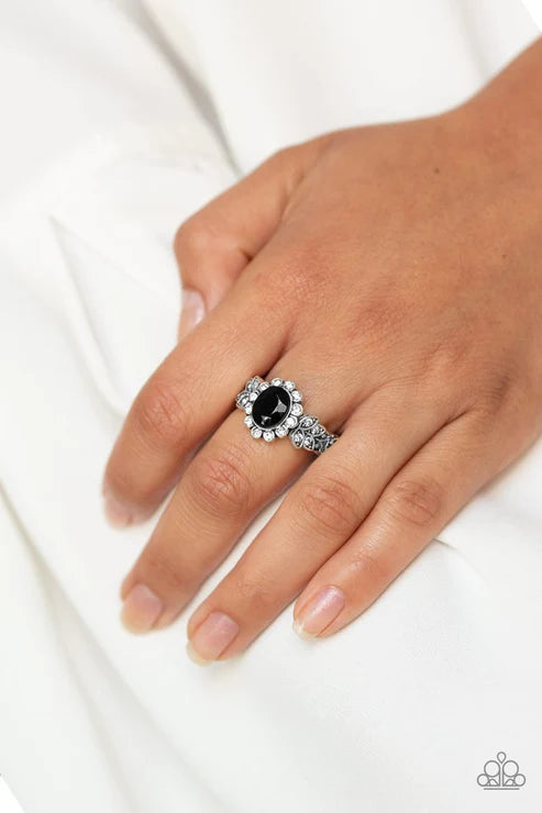 Glitter Garden - Black Encrusted Floral Petals/Leafy Accent Ring E#5913