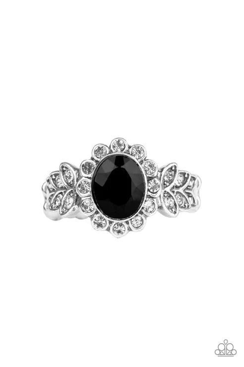 Glitter Garden - Black Encrusted Floral Petals/Leafy Accent Ring E#5913
