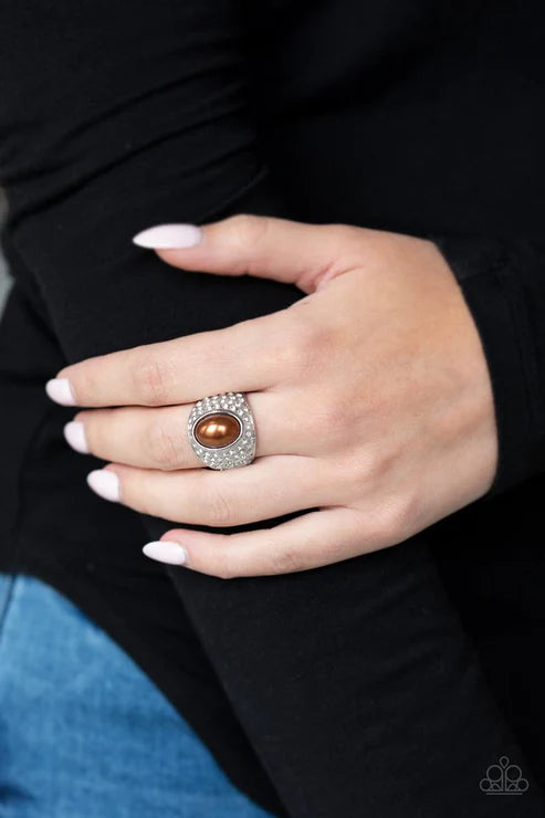 Glittering Go-Getter - Oversized Brown Pearl Encrusted Ring R#3559