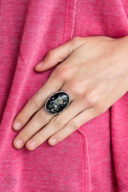 3-Piece Oversized Black Bubbly Flecked Iridescent Encased Hammered Mismatched Cluster Ethereal Set SET#6636