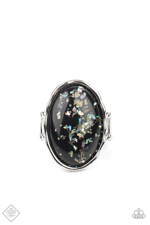 3-Piece Oversized Black Bubbly Flecked Iridescent Encased Hammered Mismatched Cluster Ethereal Set SET#6636