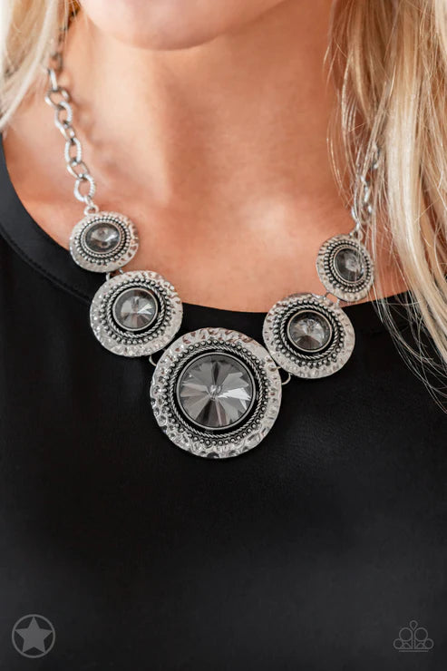Global Glamour - Oversized Smoky Silver Studded Hammered Necklace N#5911