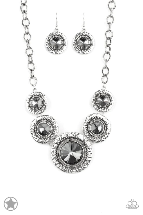 Global Glamour - Oversized Smoky Silver Studded Hammered Necklace N#5911