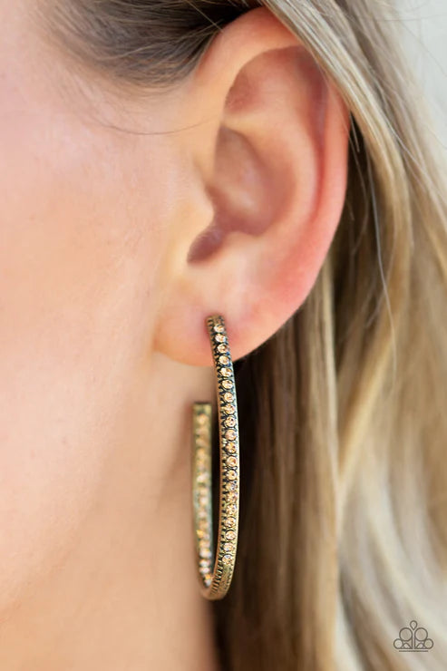 Globetrotting Glitter - Brass/Golden Topaz Front/Inside Encrusted Hook Hoop Earrings E#2983