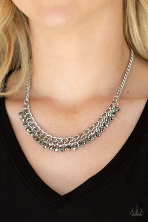 Glow and Grind - Silver hematite Fringe Necklace N#7241