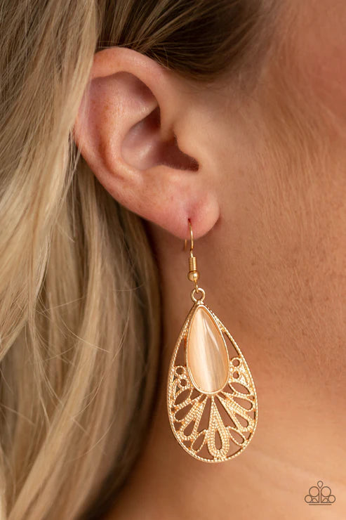 Glowing Tranquility - Oversized Gold Cat's Eye Moonstone Filigree Teardrop Earrings E#5858