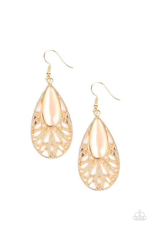 Glowing Tranquility - Oversized Gold Cat's Eye Moonstone Filigree Teardrop Earrings E#5858