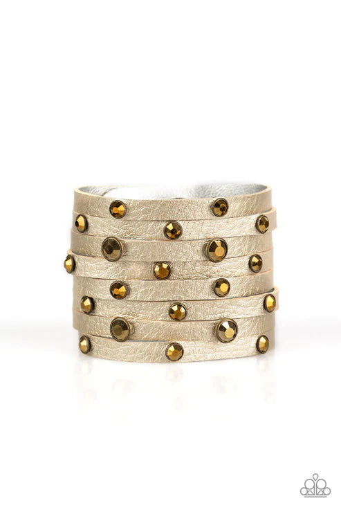 Go-Getter Glamorous - Brass Metallic Shimmer Aurum Encrusted Leather Wrap Adjustable Snap Closure Bracelet B#6402