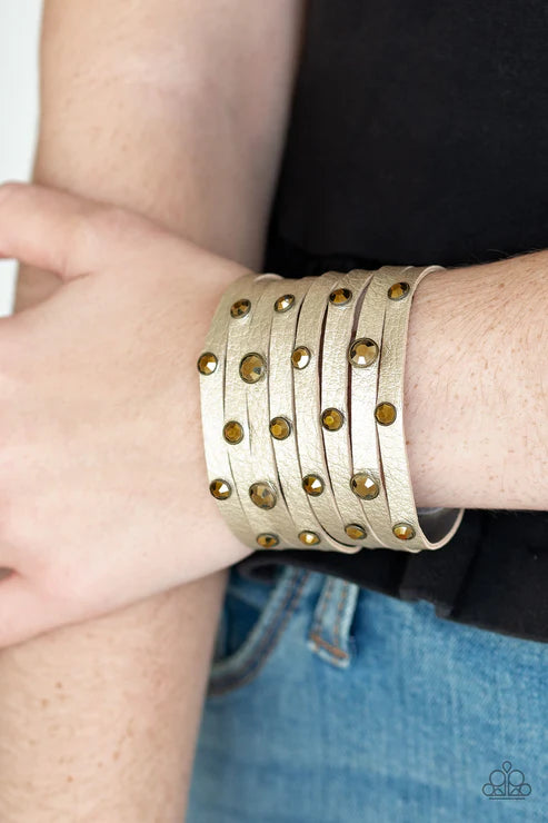 Go-Getter Glamorous - Brass Metallic Shimmer Aurum Encrusted Leather Wrap Adjustable Snap Closure Bracelet B#6402