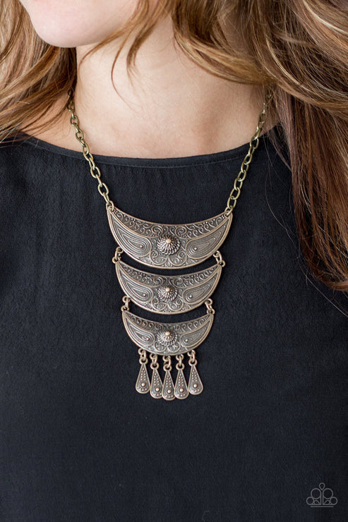 Go STEER-Crazy - Oversized Brass Dotted/Studded Decorative Crescent Tribal Connected Teardrop Plates Necklace N#5017