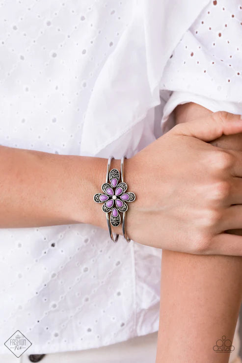 Go With The FLORALS - Purple Airy Decorative Petals Fans Out Encrusted Accents Hinged Closure Cuff Bracelet B#7258