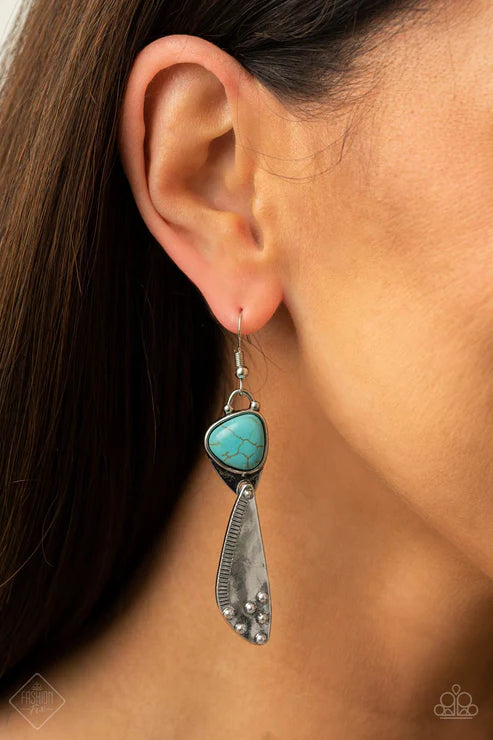 Going-Green Goddess - Oversized Blue Ribbed Linear Textures Dotted Studded Asymmetrical Plate  Stone Earrings E#7260