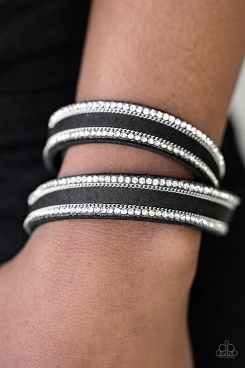 Going For Glam - Black Elongated Encrusted Suede Double Wrap Adjustable Snap Closure Bracelet B#4224