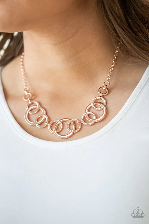 Going In Circles - Rose Gold Hoop Links Dizzying Necklace N#4676