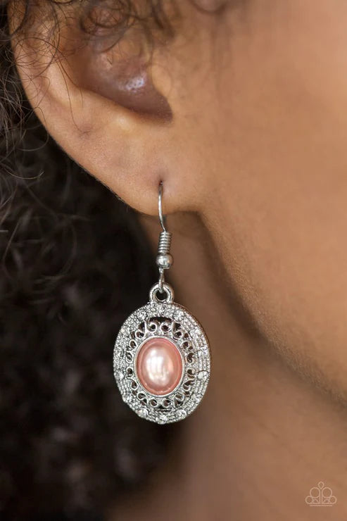 Good LUXE To You! - Orange (Coral) Pearl Encrusted Ornate Regal Earrings E#6778