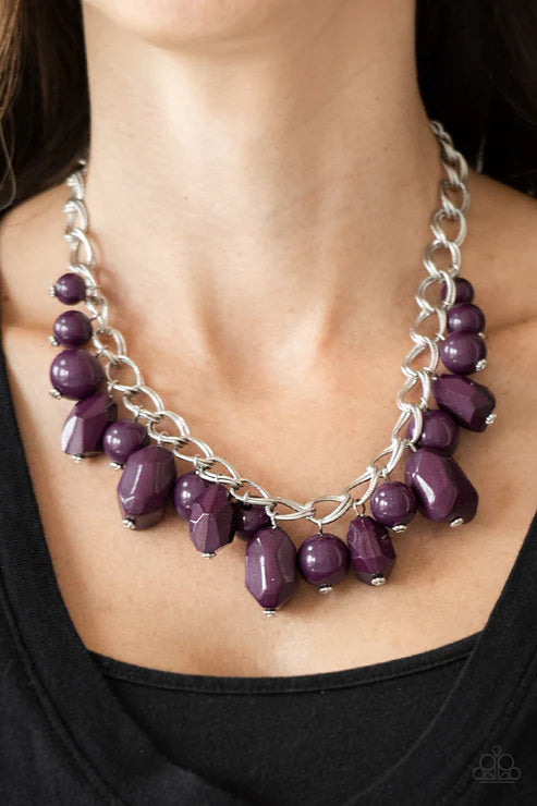 Gorgeously Globetrotter - Oversized Eggplant Purple Faceted Imperfect Duo Chain Link Fringe Necklace N#4455