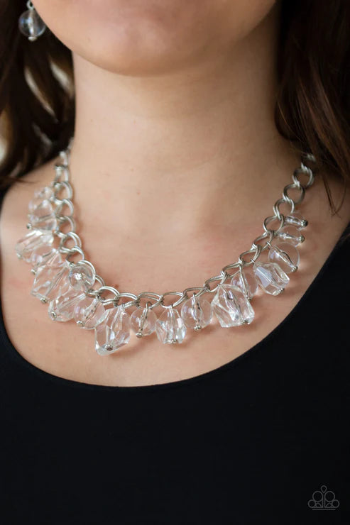 Gorgeously Globetrotter - Oversized White Crystal Faceted Imperfect Duo Chain Link Fringe Necklace N#4168