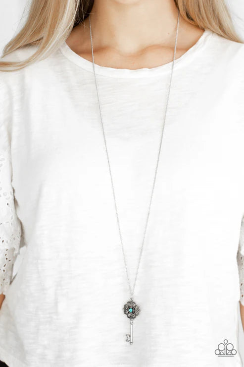 Got It On Lock - Blue Encrusted Dotted Vintage 3D Lock Key Necklace N#6330