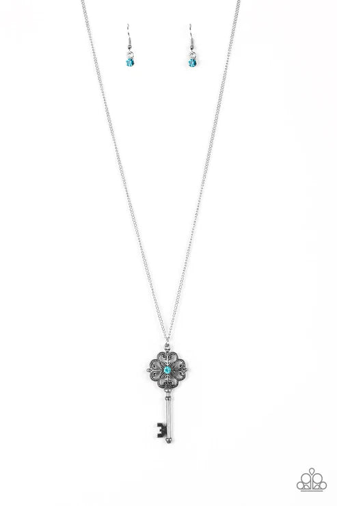 Got It On Lock - Blue Encrusted Dotted Vintage 3D Lock Key Necklace N#6330